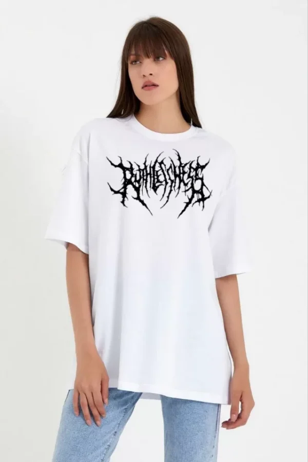 Unisex Bisiklet Yaka Baskılı Oversize T-Shirt - Beyaz