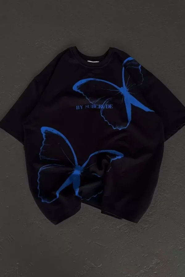 Unisex Bisiklet Yaka Baskılı Oversize T-Shirt - Siyah