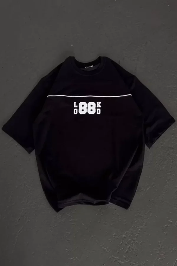Unisex Bisiklet Yaka Baskılı Oversize T-Shirt - Siyah