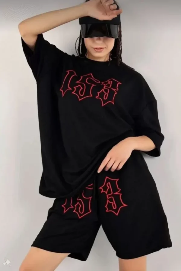 Unisex Nakış İşlemeli Şort Takım - Siyah