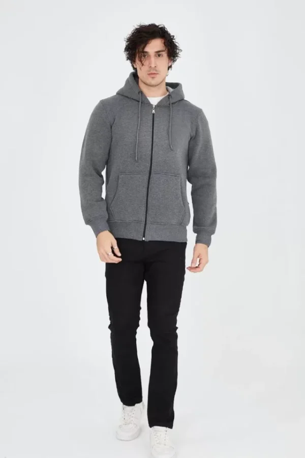 Unisex Tam Fermuarlı Kapşonlu  SweatShirt - Füme