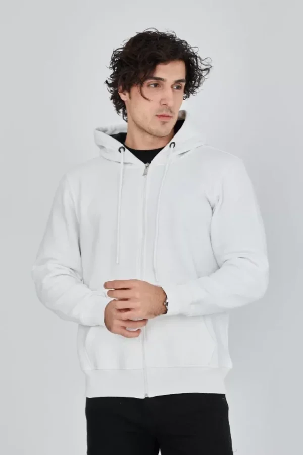 Unisex Tam Fermuarlı Kapşonlu  SweatShirt - Beyaz