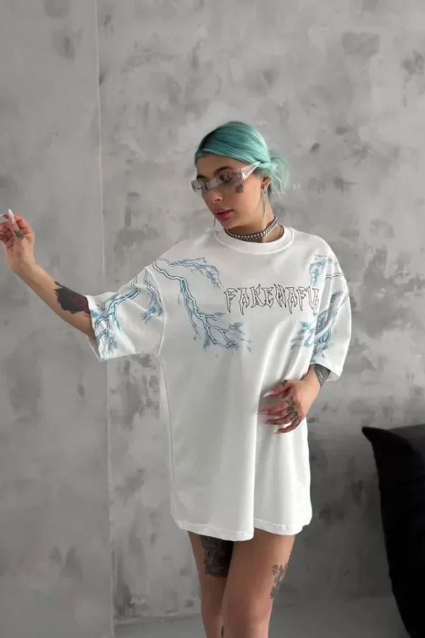 Unisex Bisiklet Yaka Baskılı Oversize T-Shirt - Beyaz