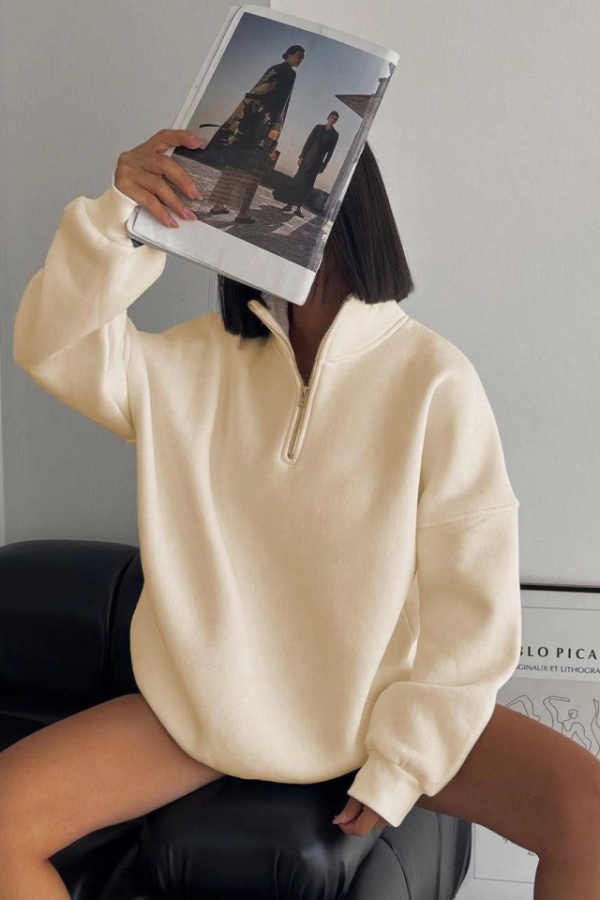 Yarım Fermuarlı Üç İplik Sweatshirt - Bej