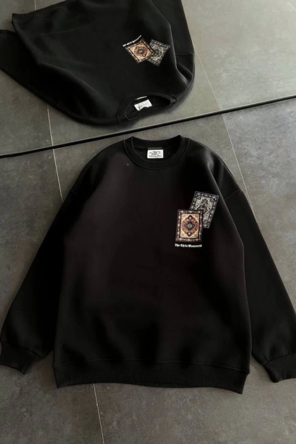 Bisiklet Yaka Baskılı SweatShirt - Siyah