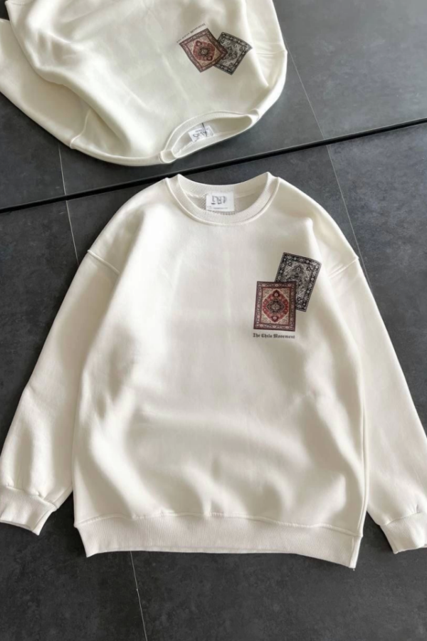 Bisiklet Yaka Baskılı SweatShirt - Beyaz