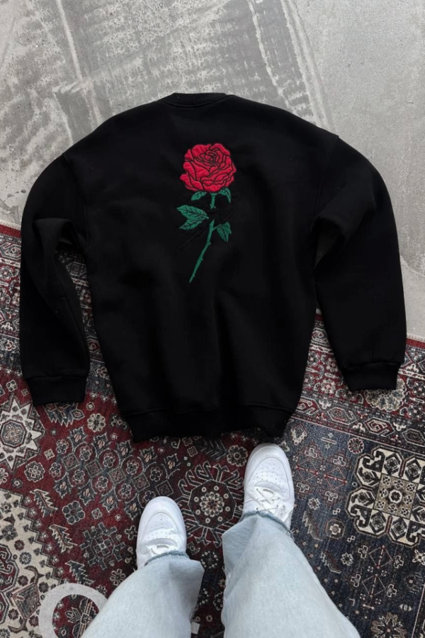 Oversize Üç İplik Bisiklet Yaka Baskılı SweatShirt - Siyah
