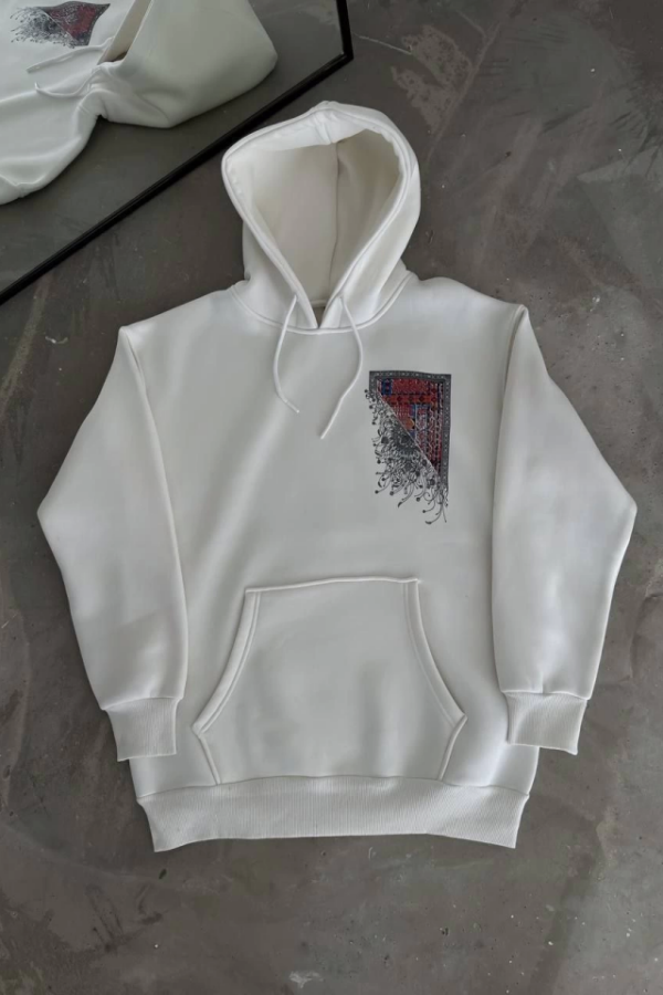 Uzun Kol Kapşonlu Ön Ve Arka Baskılı SweatShirt - Beyaz