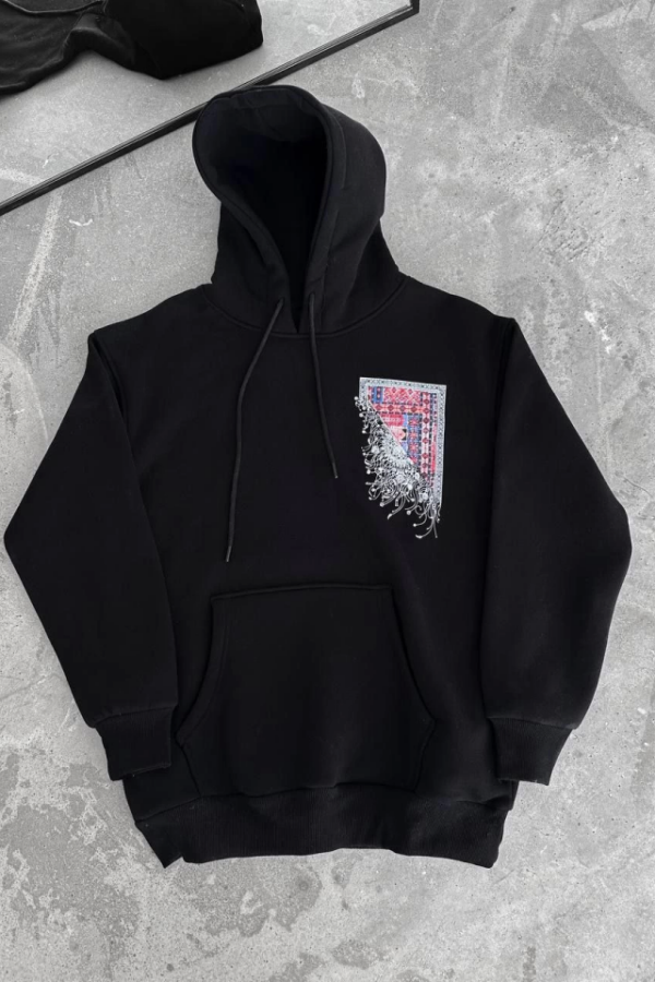 Uzun Kol Kapşonlu Ön Ve Arka Baskılı SweatShirt - Siyah
