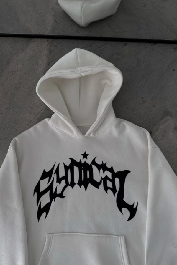 Kışlık Kapşonlu Baskılı Oversize SweatShirt- Beyaz