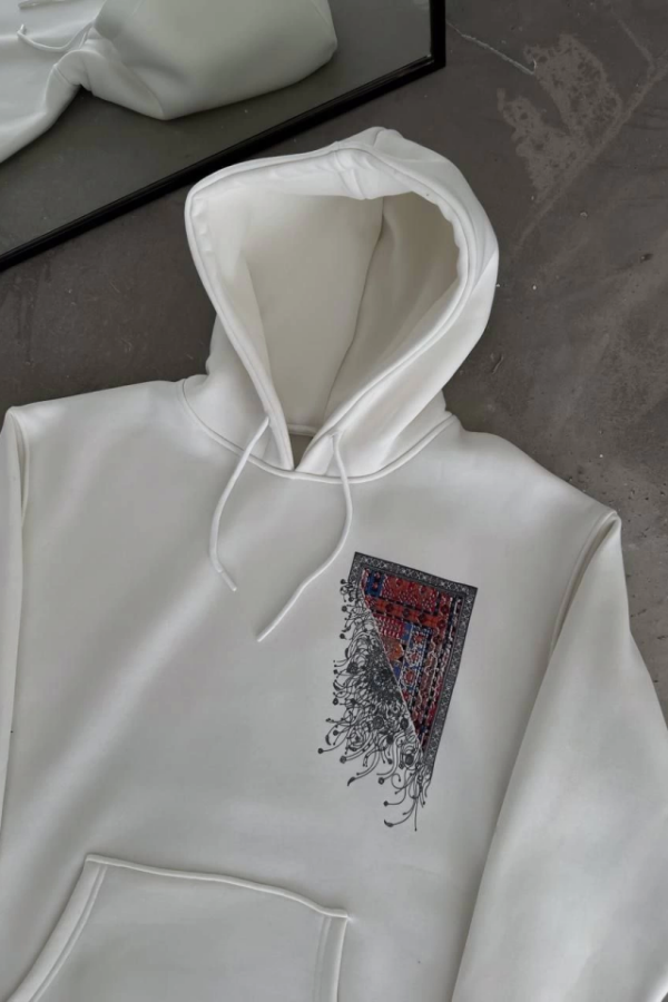 Uzun Kol Kapşonlu Ön Ve Arka Baskılı SweatShirt - Beyaz