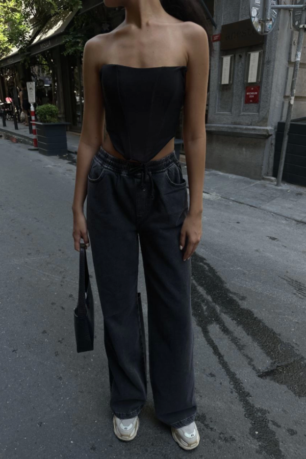 Arkadan Yırtmaçlı Jeans Kot Palazzo Pantolon - Siyah