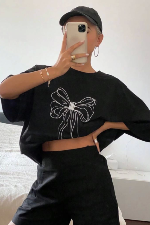 Baskılı Oversize T-shirt - Siyah