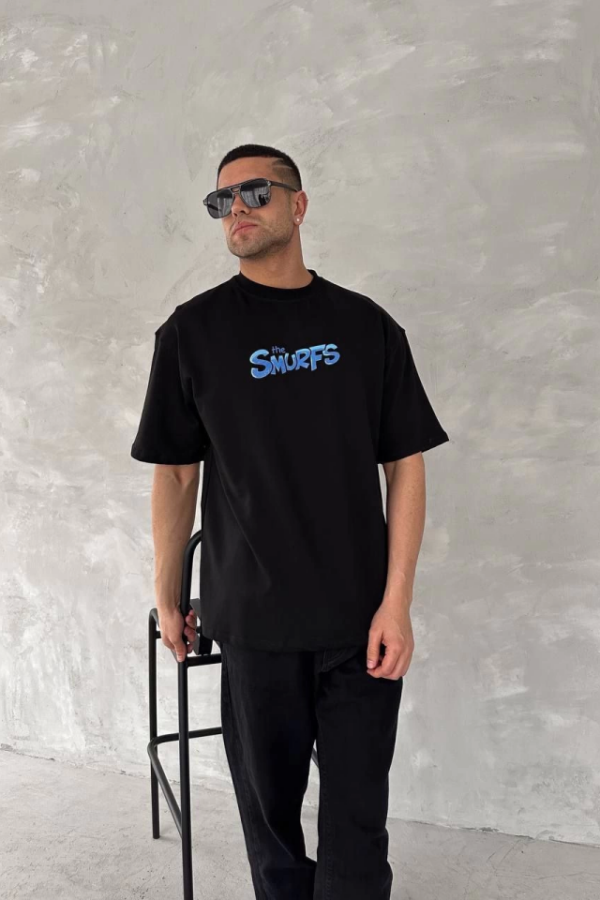 Ön Ve Arka Baskılı Oversize Bisiklet Yaka T-shirt- Siyah