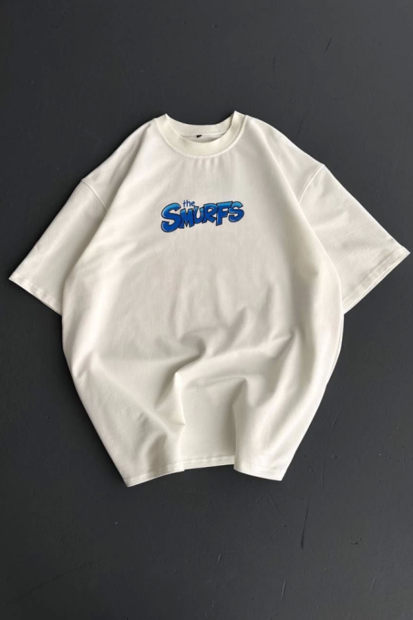 Ön Ve Arka Baskılı Oversize Bisiklet Yaka T-shirt- Beyaz