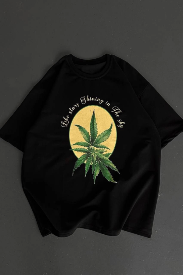 Ön Ve Arka Baskılı Oversize Bisiklet Yaka T-shirt- Siyah