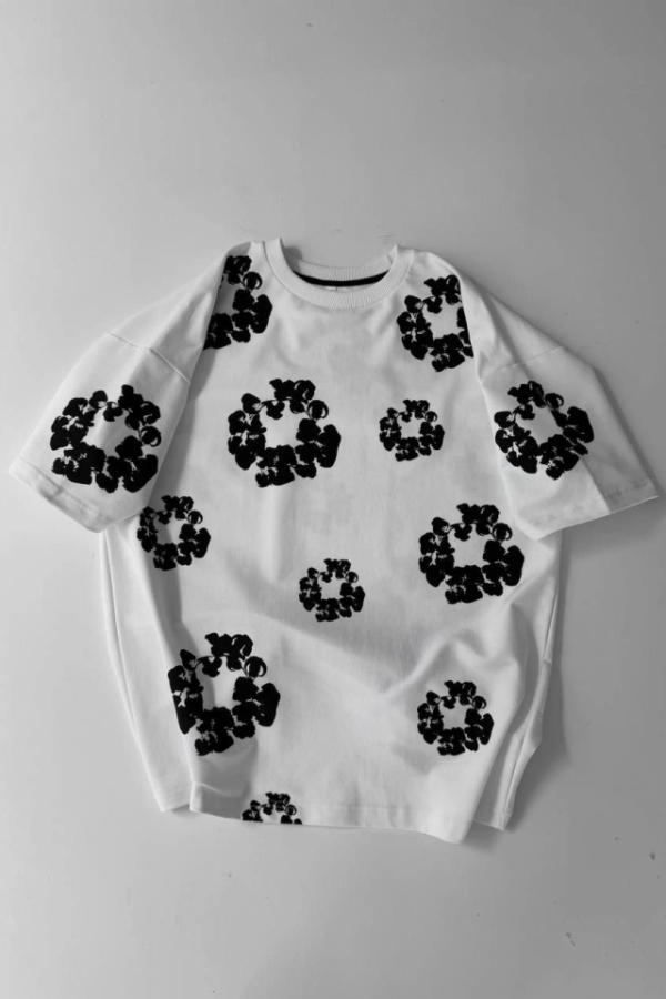 Ön Ve Arka Baskılı Oversize Bisiklet Yaka T-shirt- Beyaz
