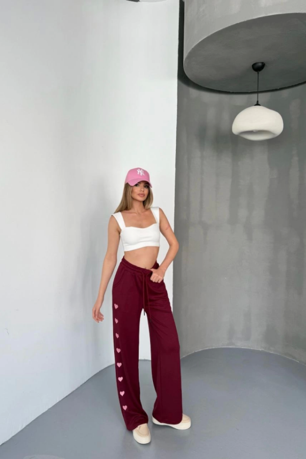 Osy Modal Yumuşak Dokulu Kumaş Nakış Işlemeli Rahat Bol Paça Eşofman Pantalon - Bordo