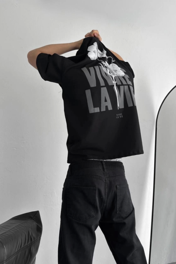 Baskılı Oversize Bisiklet Yaka T-shirt - Siyah