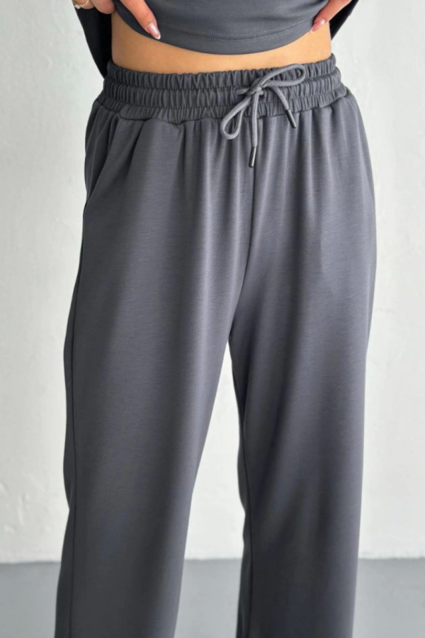 Osy Modal Yumuşak Dokulu Kumaş Kısa Kollu Yakalı T-shirt Pantalon Ikili Takım- Antrasit
