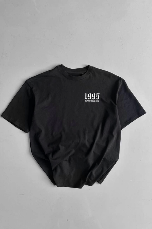 Baskılı Oversize Bisiklet Yaka T-shirt - Siyah