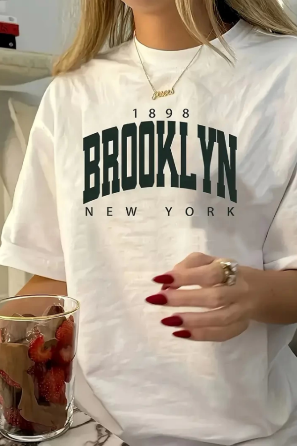 Baskılı Oversize Bisiklet Yaka T-shirt - Beyaz