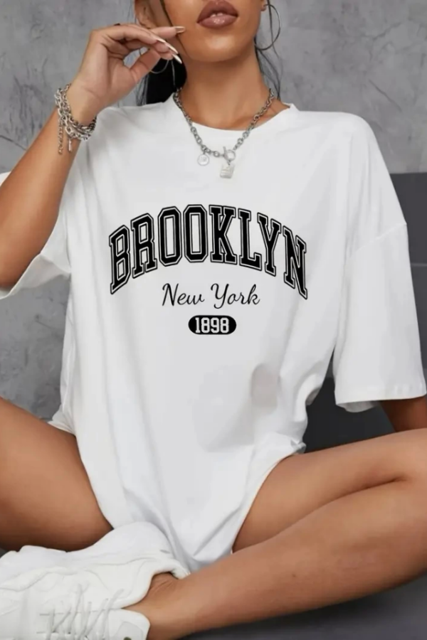 Baskılı Oversize Bisiklet Yaka T-shirt - Beyaz