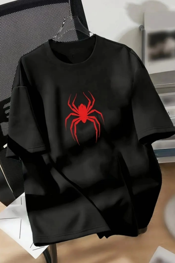 Baskılı Oversize Bisiklet Yaka T-shirt - Siyah