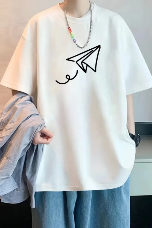 Baskılı Oversize Bisiklet Yaka T-shirt - Beyaz