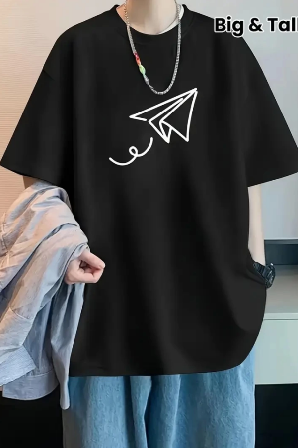 Baskılı Oversize Bisiklet Yaka T-shirt - Siyah