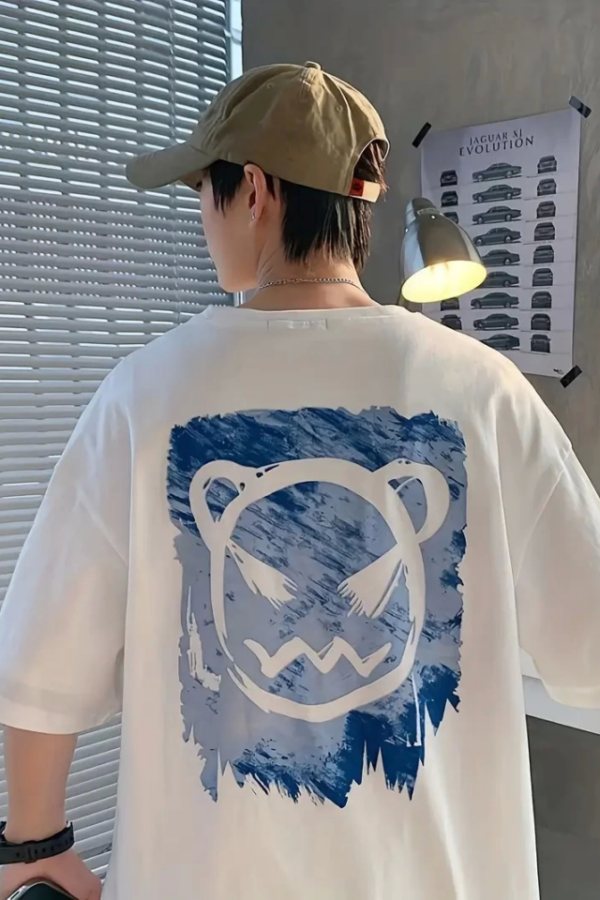 Baskılı Oversize Bisiklet Yaka T-shirt - Beyaz