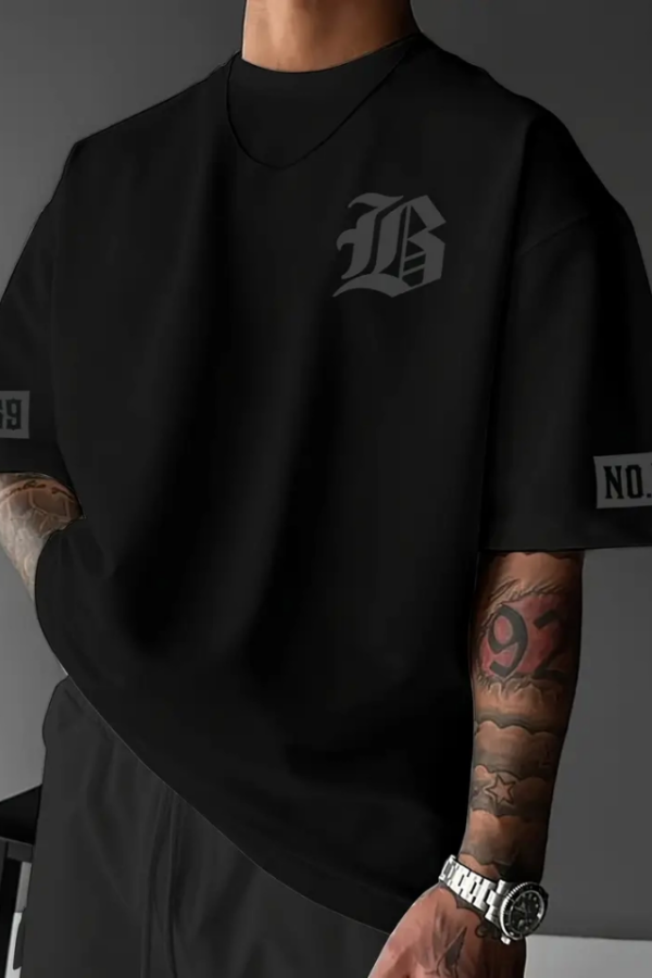 Baskılı Oversize Bisiklet Yaka T-shirt - Siyah