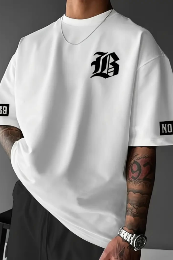 Baskılı Oversize Bisiklet Yaka T-shirt - Beyaz