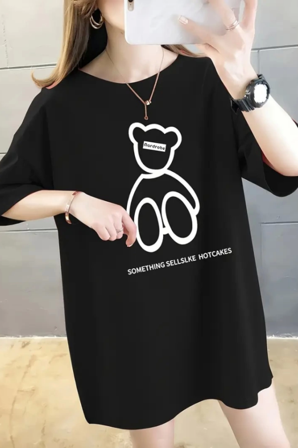 Baskılı Oversize Bisiklet Yaka T-shirt - Siyah