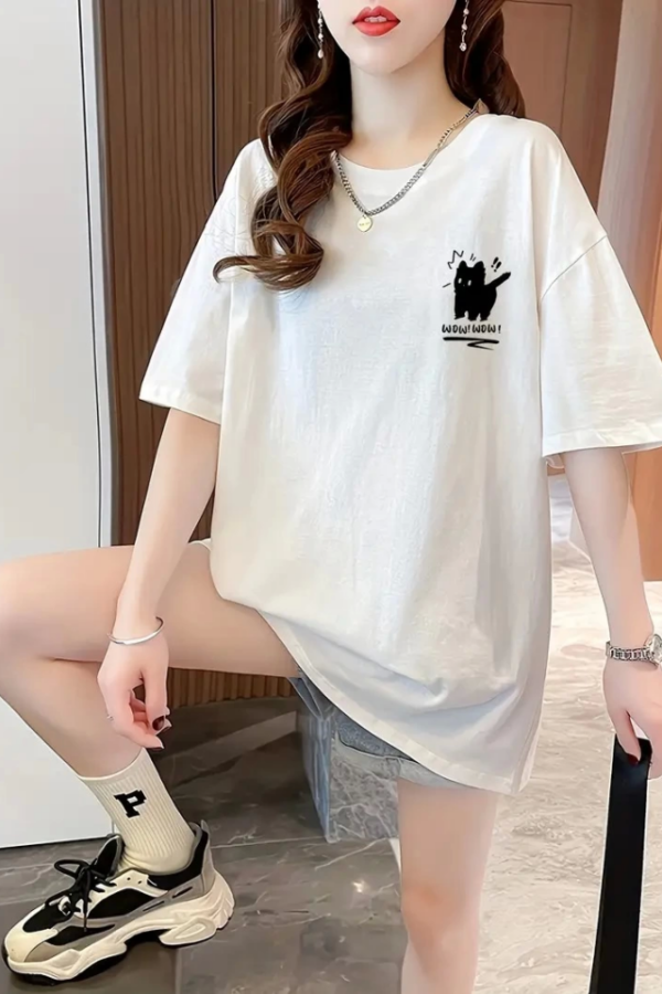 Baskılı Oversize Bisiklet Yaka T-shirt - Beyaz