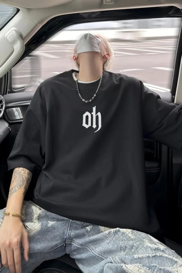 Baskılı Oversize Bisiklet Yaka T-shirt - Siyah