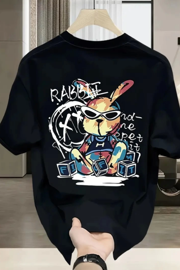 Baskılı Oversize Bisiklet Yaka T-shirt - Siyah