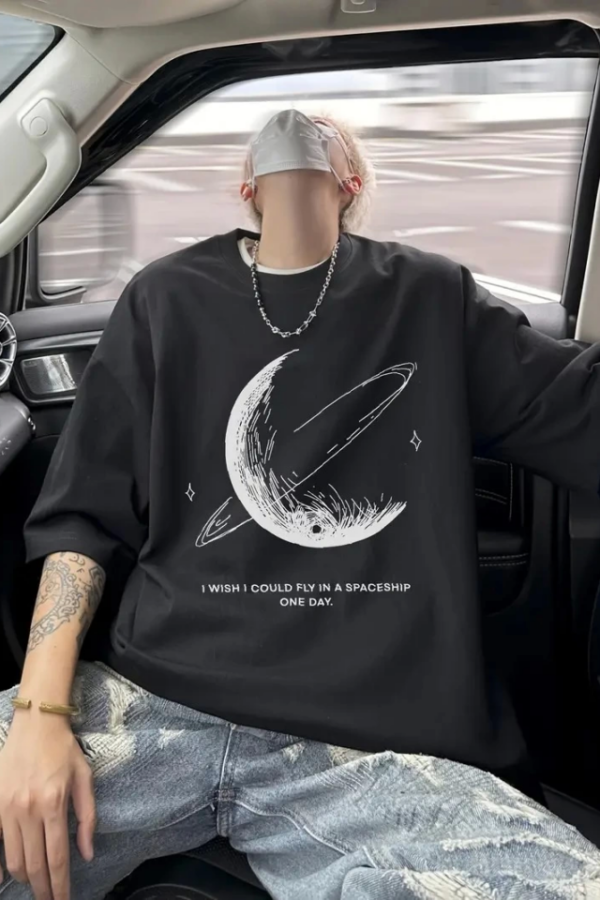 Baskılı Oversize Bisiklet Yaka T-shirt - Siyah