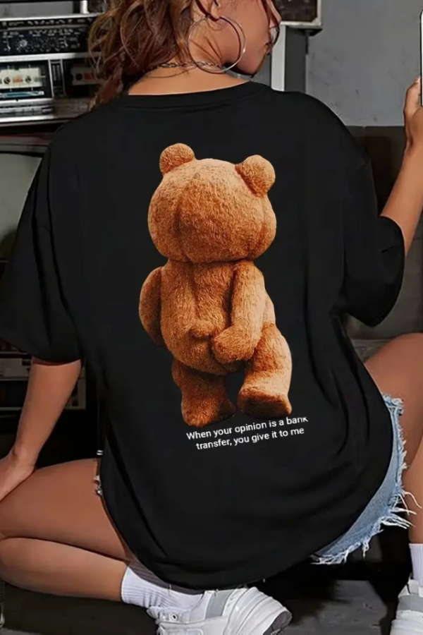Baskılı Oversize Bisiklet Yaka T-shirt - Siyah