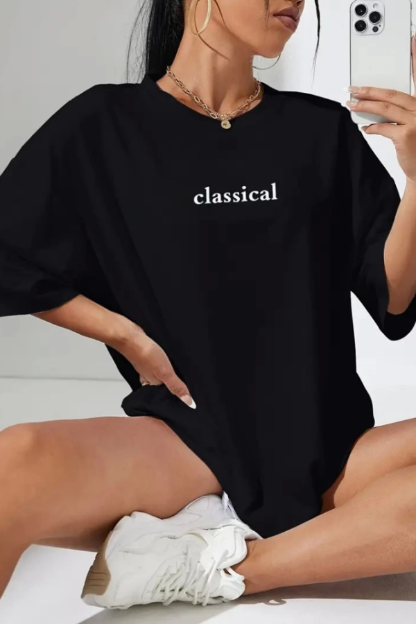Baskılı Oversize Bisiklet Yaka T-shirt - Siyah