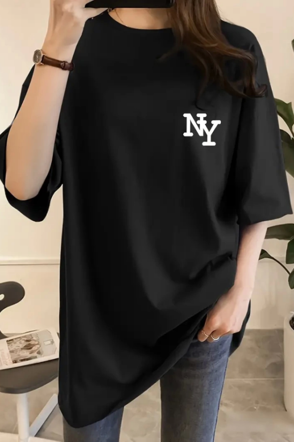 Baskılı Oversize Bisiklet Yaka T-shirt - Siyah