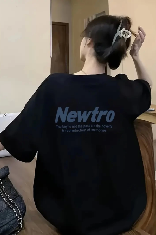 Baskılı Oversize Bisiklet Yaka T-shirt - Siyah
