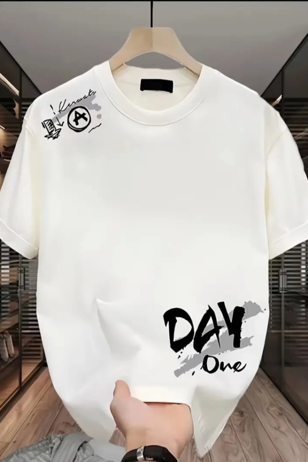 Baskılı Oversize Bisiklet Yaka T-shirt - Beyaz