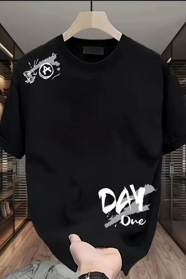 Baskılı Oversize Bisiklet Yaka T-shirt - Siyah