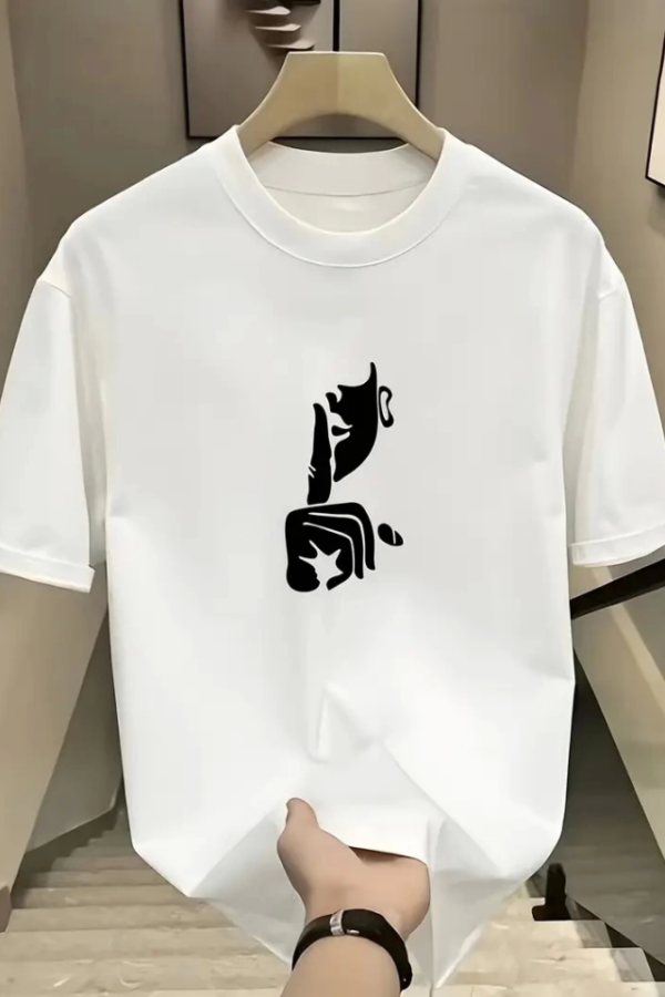 Rahat Bisiklet Yaka Tişört, Yaratıcı Karikatür Baskı - Yumuşak Polyester, Her Mevsim Giyilebilir- Beyaz