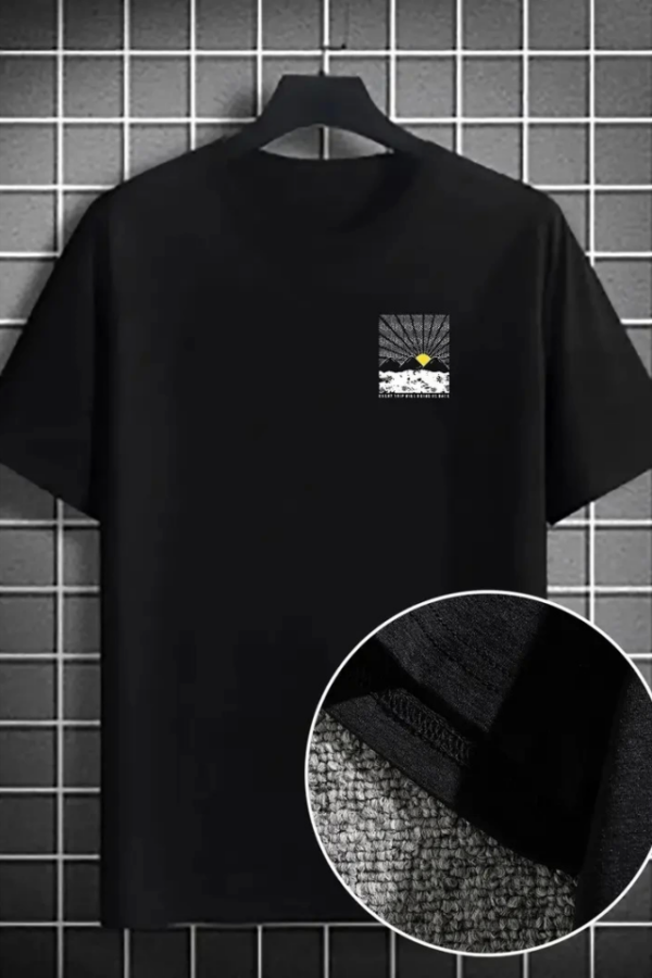 Erkek Dağ Grafikli Tişört, Yaz Için Büyük Beden Rahat T-shirt - Siyah