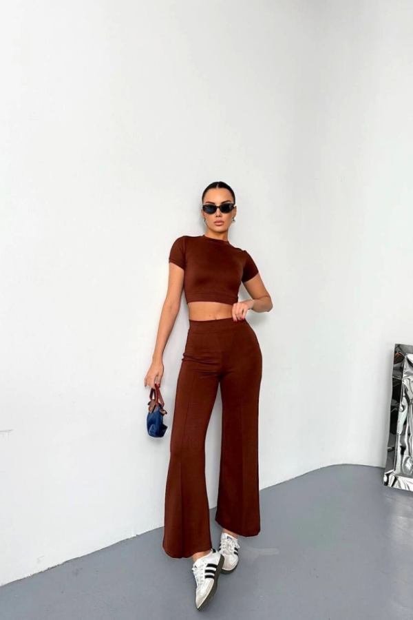 Osy Modal Yumuşak Dokulu Kumaş Kısa Kollu Crop Alt Ispanyol Paça Pantalon Ikili Takım - Kahverengi