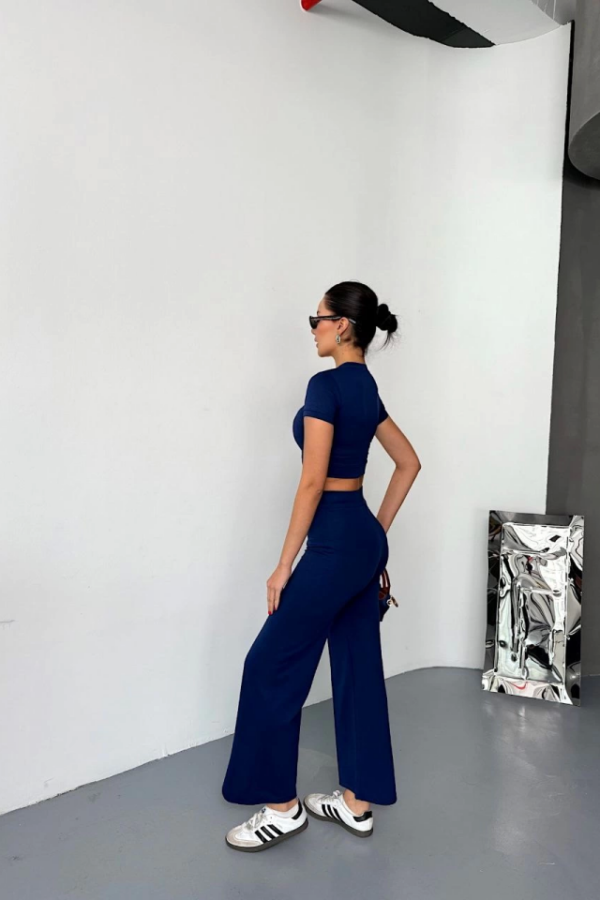 Osy Modal Yumuşak Dokulu Kumaş Kısa Kollu Crop Alt Ispanyol Paça Pantalon Ikili Takım - Lacivert