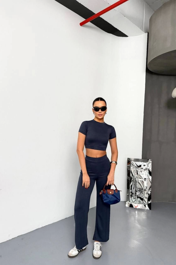 Osy Modal Yumuşak Dokulu Kumaş Kısa Kollu Crop Alt Ispanyol Paça Pantalon Ikili Takım - Füme