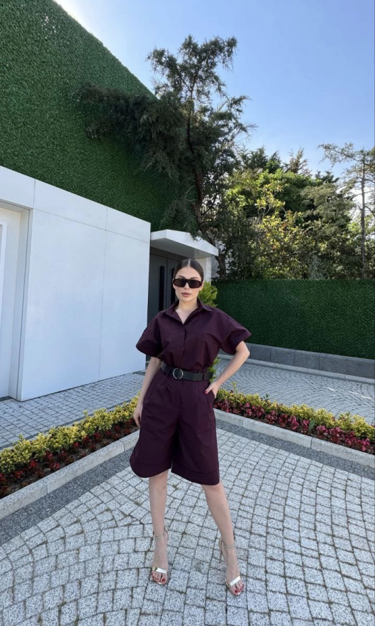 Yakalı Gömlek Kemerli Şortlu Takım - Bordo
